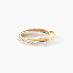 Alliance Entrelacee Diamantee Ruban Plat Or Tricolore