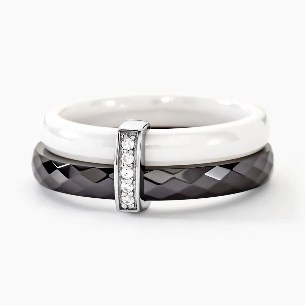 Bague Barette Bicolore Ceramique Argent Blanc Oxyde De Zirconium