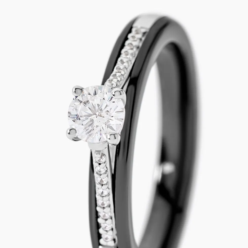 Bague Solitaire Ceramique Argent Blanc Céramique Et Oxyde De Zirconium