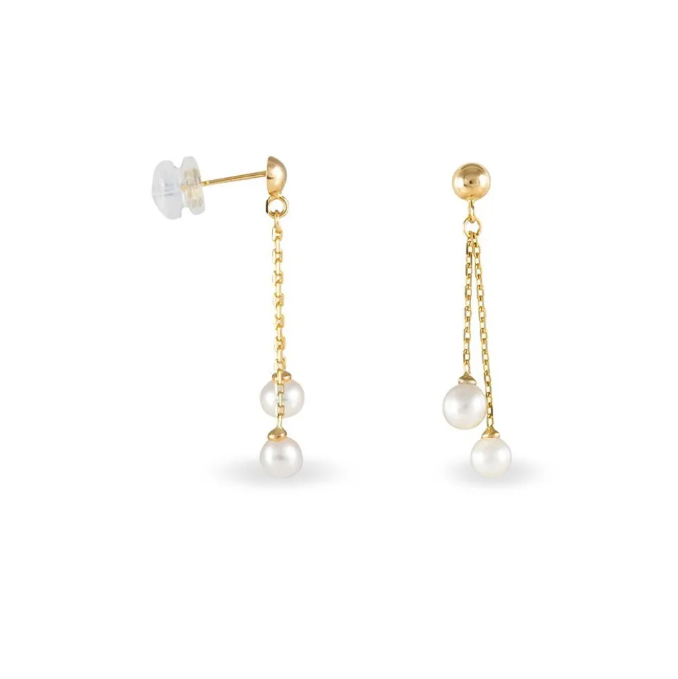 Boucles D'oreilles Pendantes Carrine 2 Fils Or Jaune Perle D'imitation
