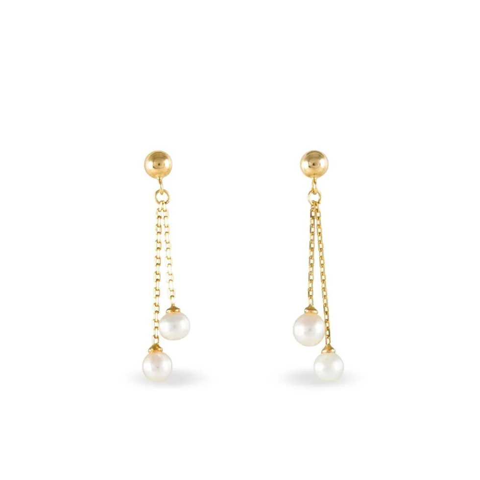 Boucles D'oreilles Pendantes Carrine 2 Fils Or Jaune Perle D'imitation