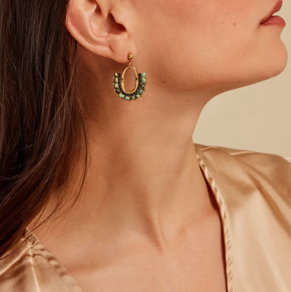 Boucles D'oreilles Pendantes Athena Acier Jaune Verre Turquoise