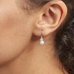 Boucles D'oreilles Pendantes Taissia Or Blanc Perle Culture Et Oxyde