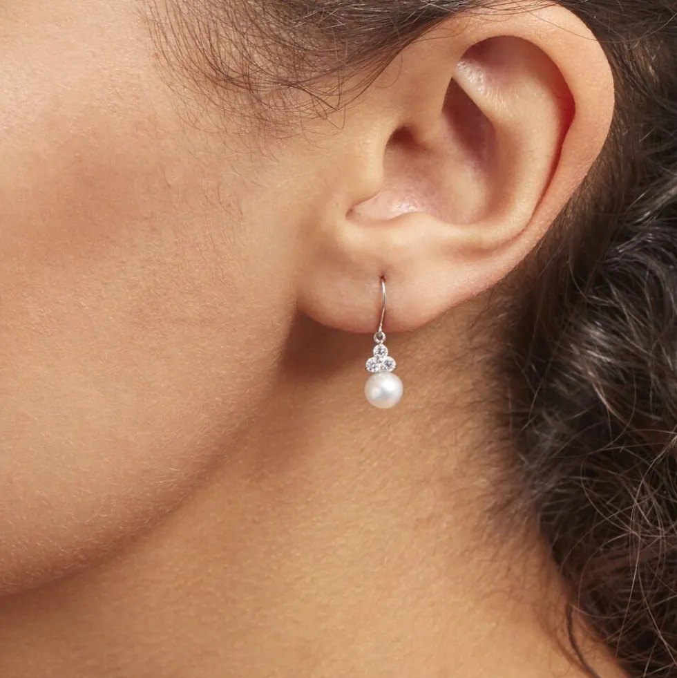 Boucles D'oreilles Pendantes Taissia Or Blanc Perle Culture Et Oxyde