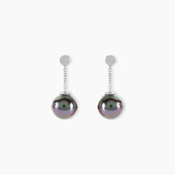 Boucles D'oreilles Pendantes Semi-ronde Or Blanc Perle De Tahiti