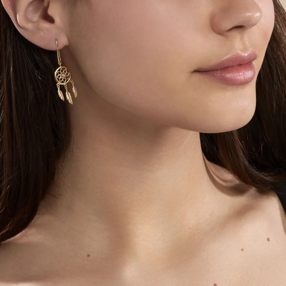 Boucles D'oreilles Plaqué Or Jaune Attrape Rêves Turquoises