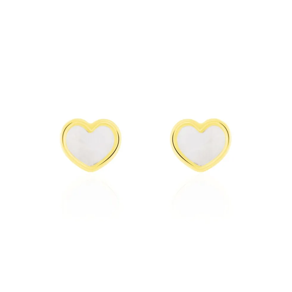 Boucles D'oreilles Puces Amaryllis Coeur Or Jaune Nacre