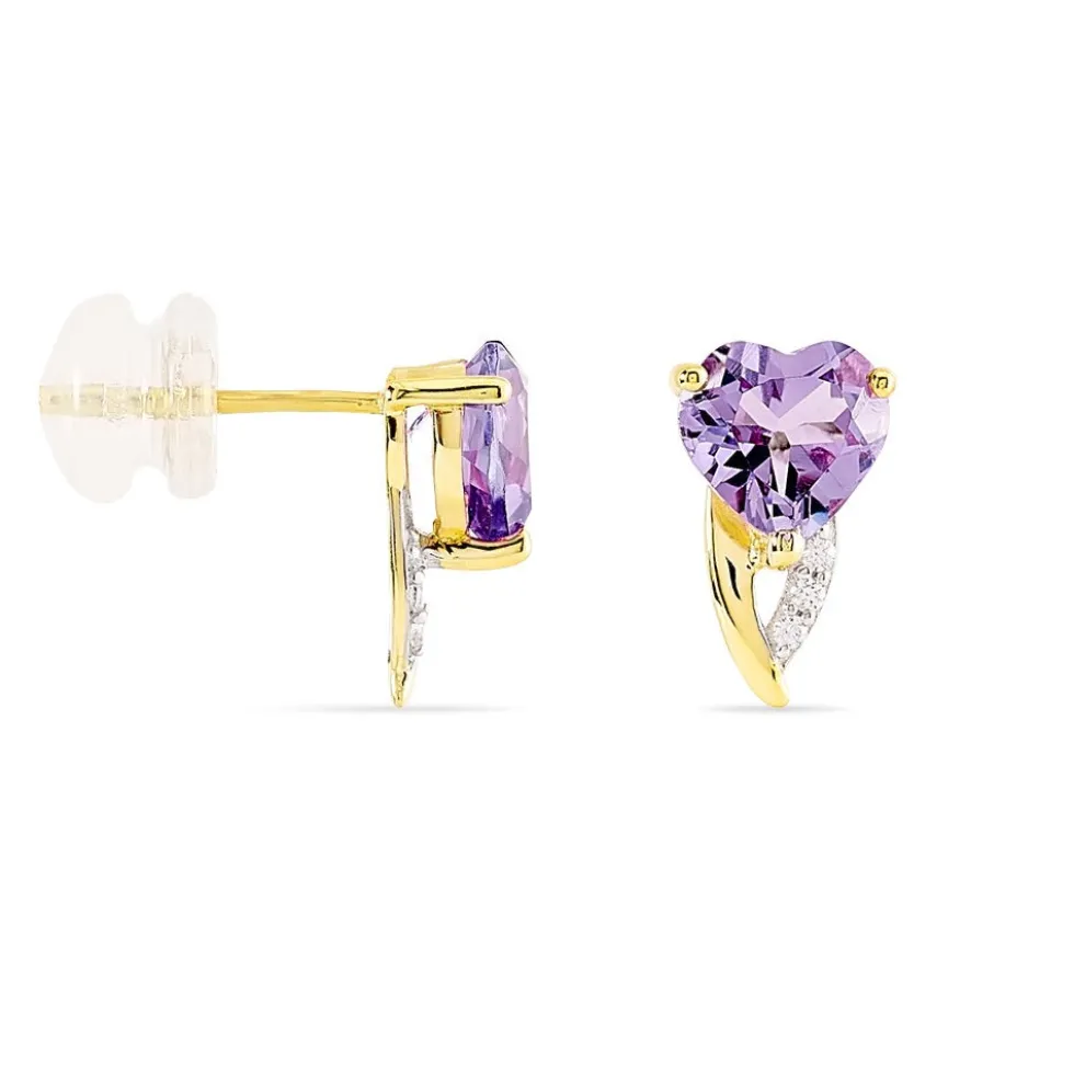 Boucles D'oreilles Puces Bertille Or Jaune Amethyste Et Oxyde