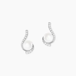 Boucles D'oreilles Puces Cassiopea Or Blanc Oxyde Et Perle De Culture