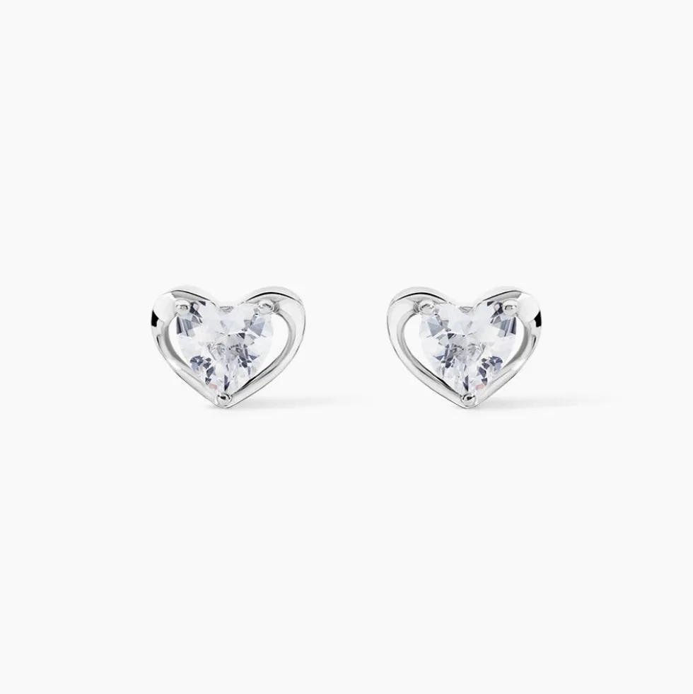 Boucles D'oreilles Puces Daria Coeur Plein Or Blanc Oxyde De Zirconium