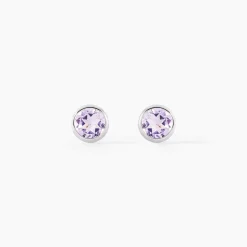 Boucles D'oreilles Puces Edy Serti Clos Or Blanc Amethyste
