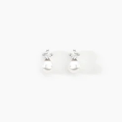 Boucles D'oreilles Puces Eolande Or Blanc Perle De Culture Et Oxyde