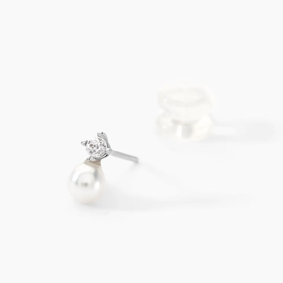 Boucles D'oreilles Puces Eolande Or Blanc Perle De Culture Et Oxyde