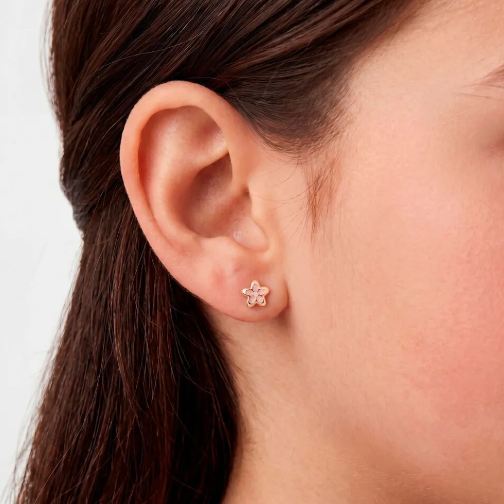 Boucles D'oreilles Puces Fleur Email Or Jaune
