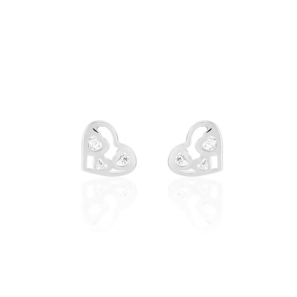 Boucles D'oreilles Puces Huan Cœur Or Blanc Oxyde De Zirconium