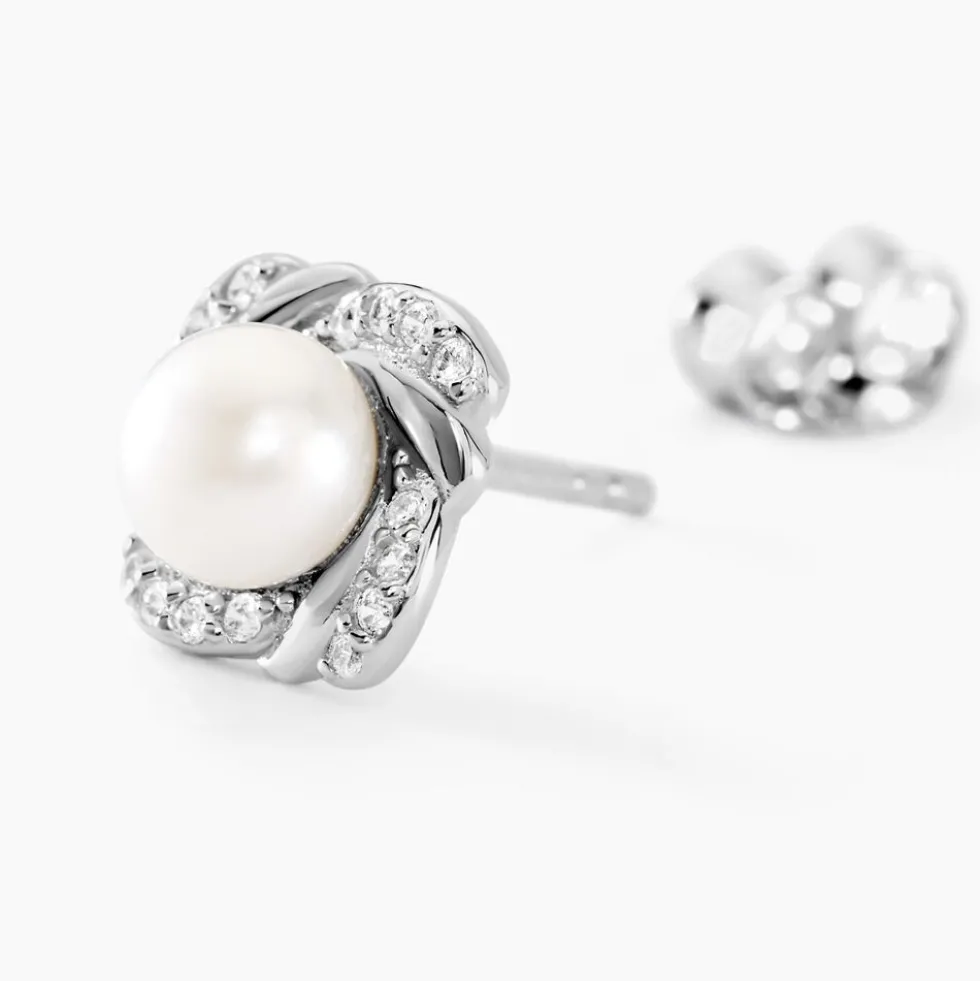 Boucles D'oreilles Puces Laetoria Argent Blanc Perle De Culture Oxyde