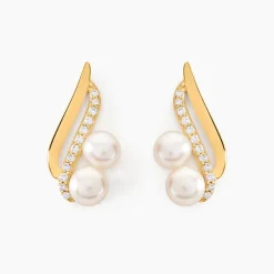 Boucles D'oreilles Puces Loeva Or Jaune Perle De Culture Et Oxyde