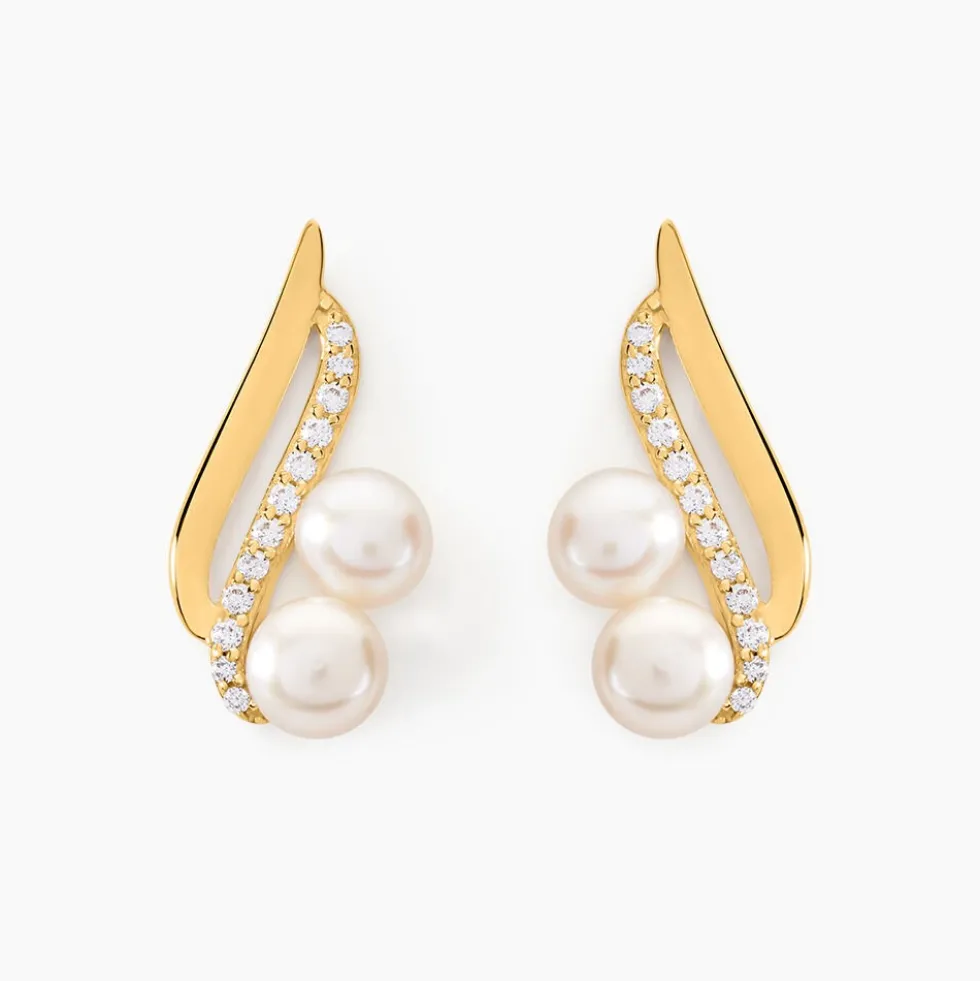 Boucles D'oreilles Puces Loeva Or Jaune Perle De Culture Et Oxyde
