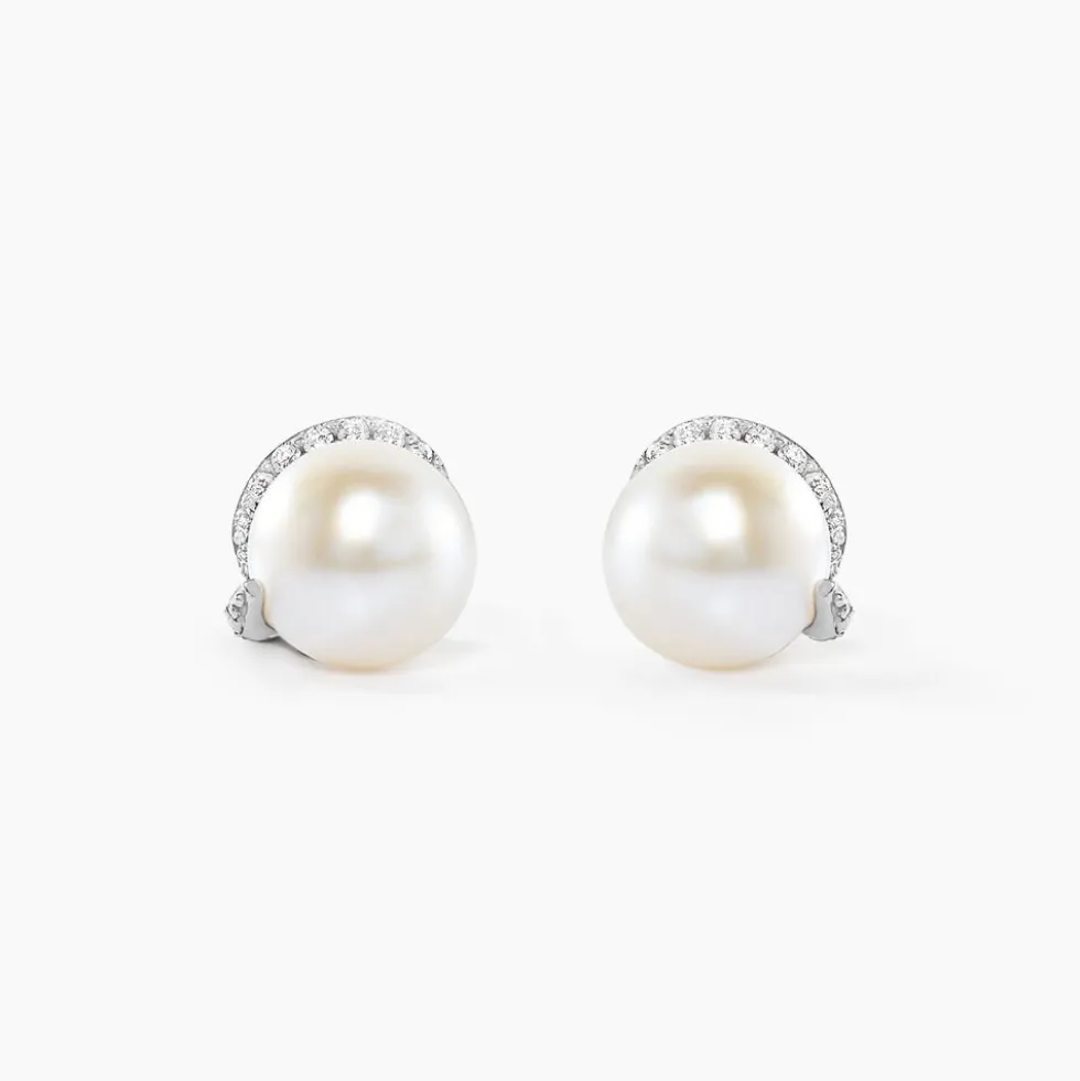 Boucles D'oreilles Puces Lucinda Or Blanc Perle De Culture Et Oxyde