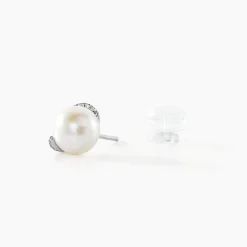 Boucles D'oreilles Puces Lucinda Or Blanc Perle De Culture Et Oxyde