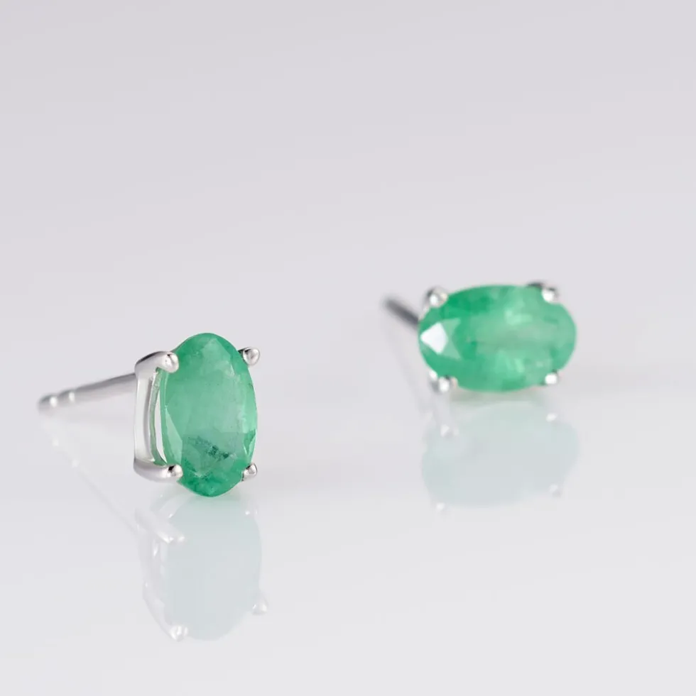 Boucles D'oreilles Puces Ovale Or Blanc Emeraude
