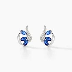Boucles D'oreilles Puces Petale Or Blanc Saphir Et Diamant