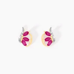 Boucles D'oreilles Puces Petale Or Bicolore Rubis Et Diamant