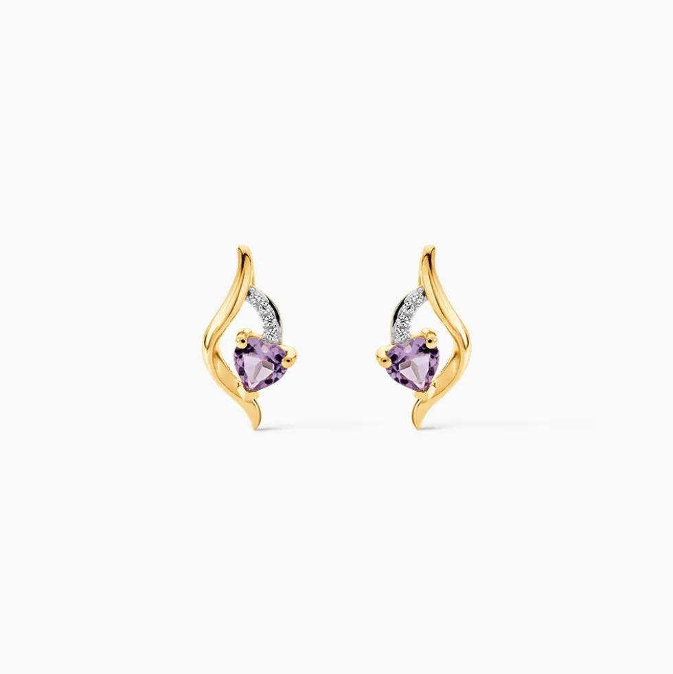 Boucles D'oreilles Puces Silucia Or Jaune Améthyste Oxyde De Zirconium