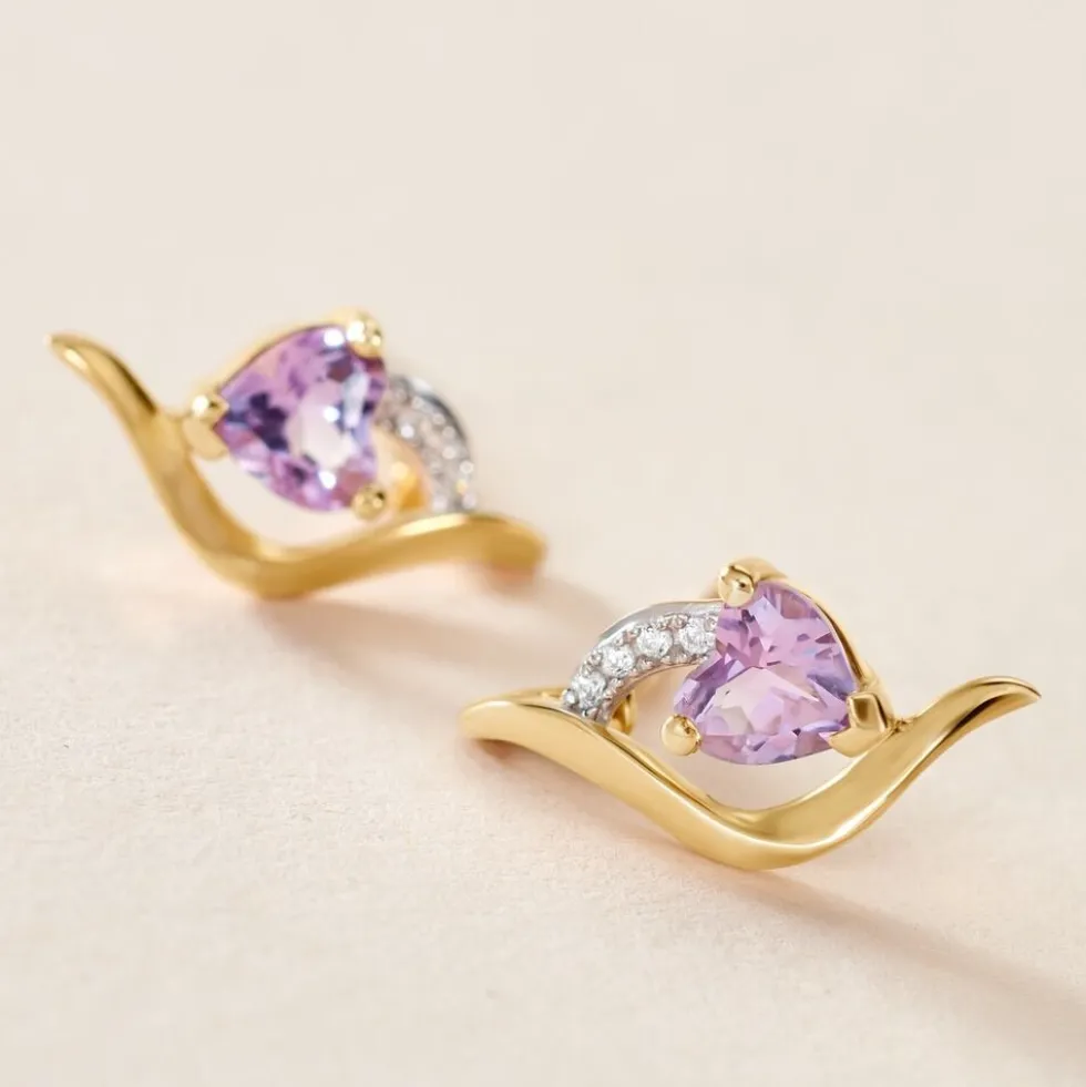Boucles D'oreilles Puces Silucia Or Jaune Améthyste Oxyde De Zirconium