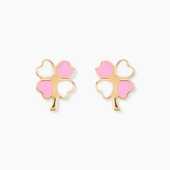 Boucles D'oreilles Puces Trefle Email Or Jaune