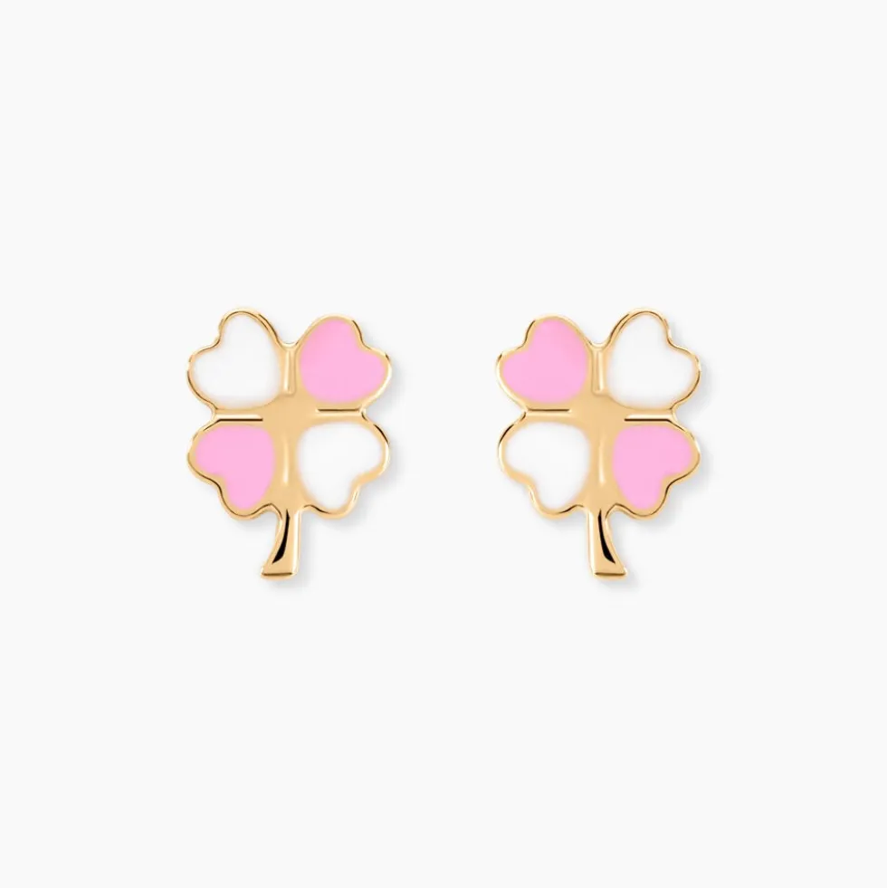 Boucles D'oreilles Puces Trefle Email Or Jaune