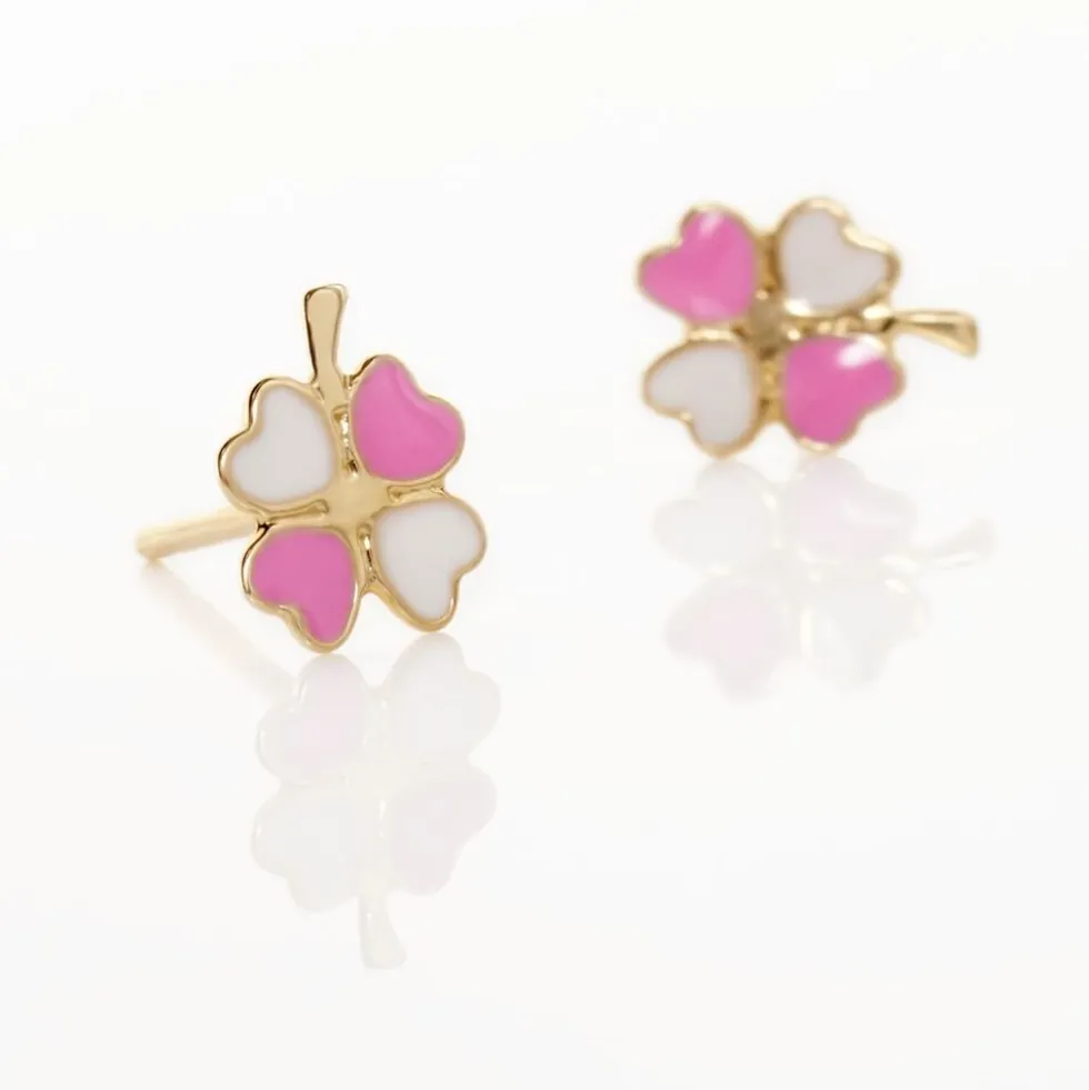 Boucles D'oreilles Puces Trefle Email Or Jaune