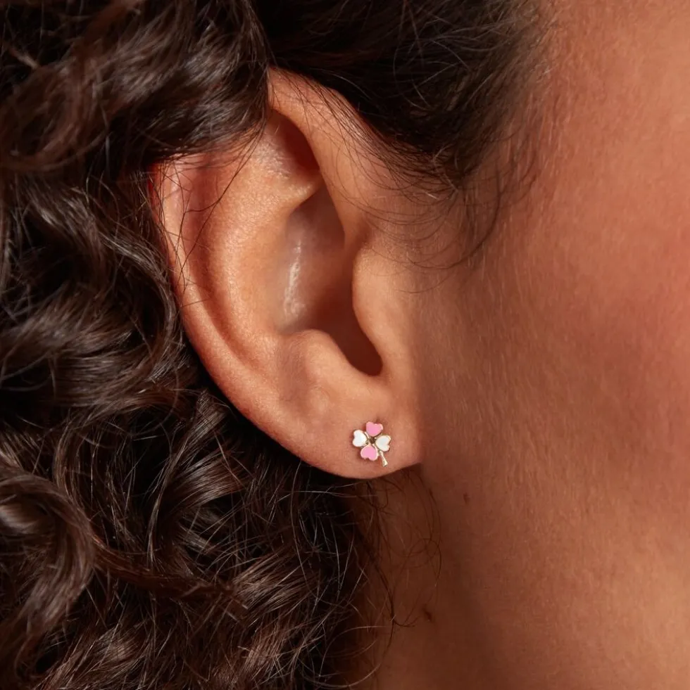 Boucles D'oreilles Puces Trefle Email Or Jaune