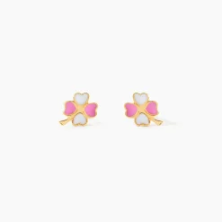 Boucles D'oreilles Puces Trefle Email Or Jaune