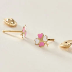 Boucles D'oreilles Puces Trefle Email Or Jaune