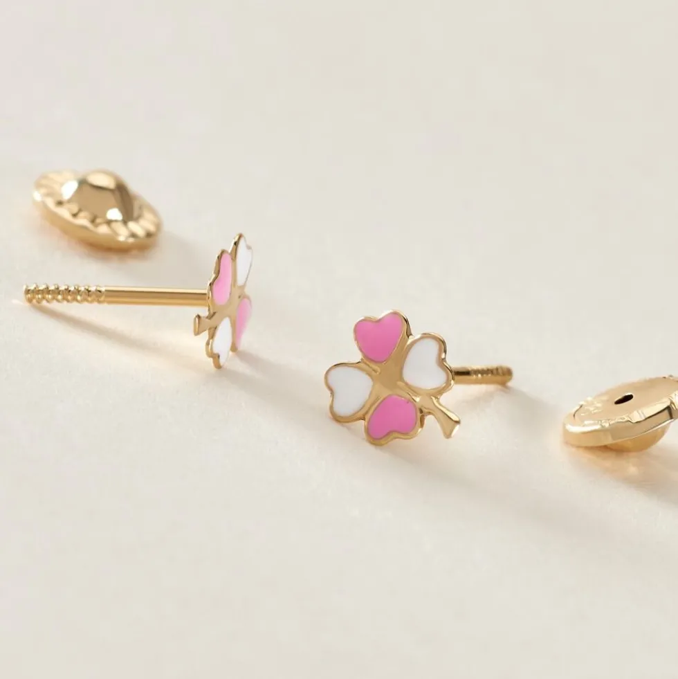 Boucles D'oreilles Puces Trefle Email Or Jaune