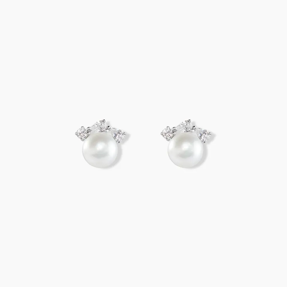 Boucles D'oreilles Puces Yarie Or Blanc Perle De Culture Et Oxyde