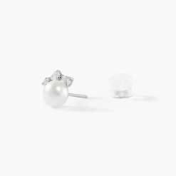 Boucles D'oreilles Puces Yarie Or Blanc Perle De Culture Et Oxyde