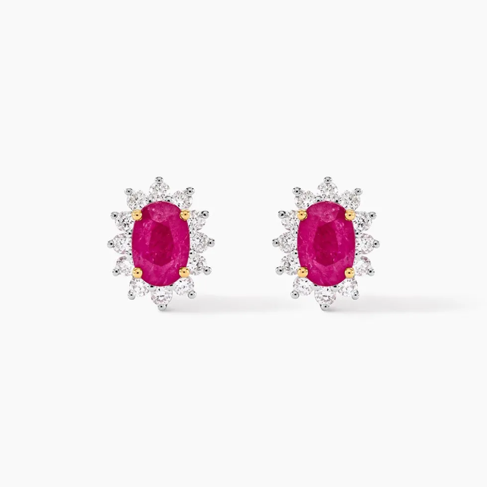 Boucles D'oreilles Or Jaune Rubis Diamants