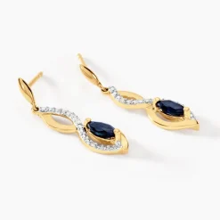 Boucles D'oreilles Pendantes Ondulations Or Jaune Saphir Diamant