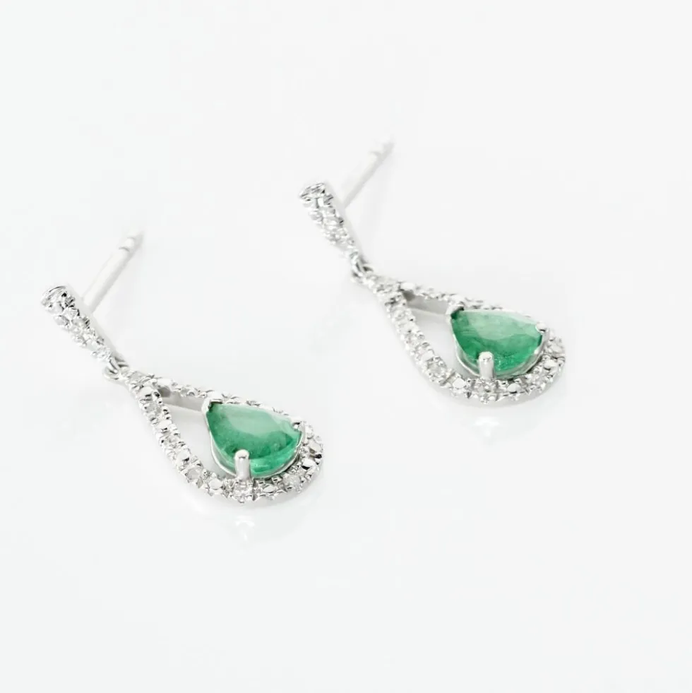 Boucles D'oreilles Pendantes Katiouchka Or Blanc Emeraude Diamants