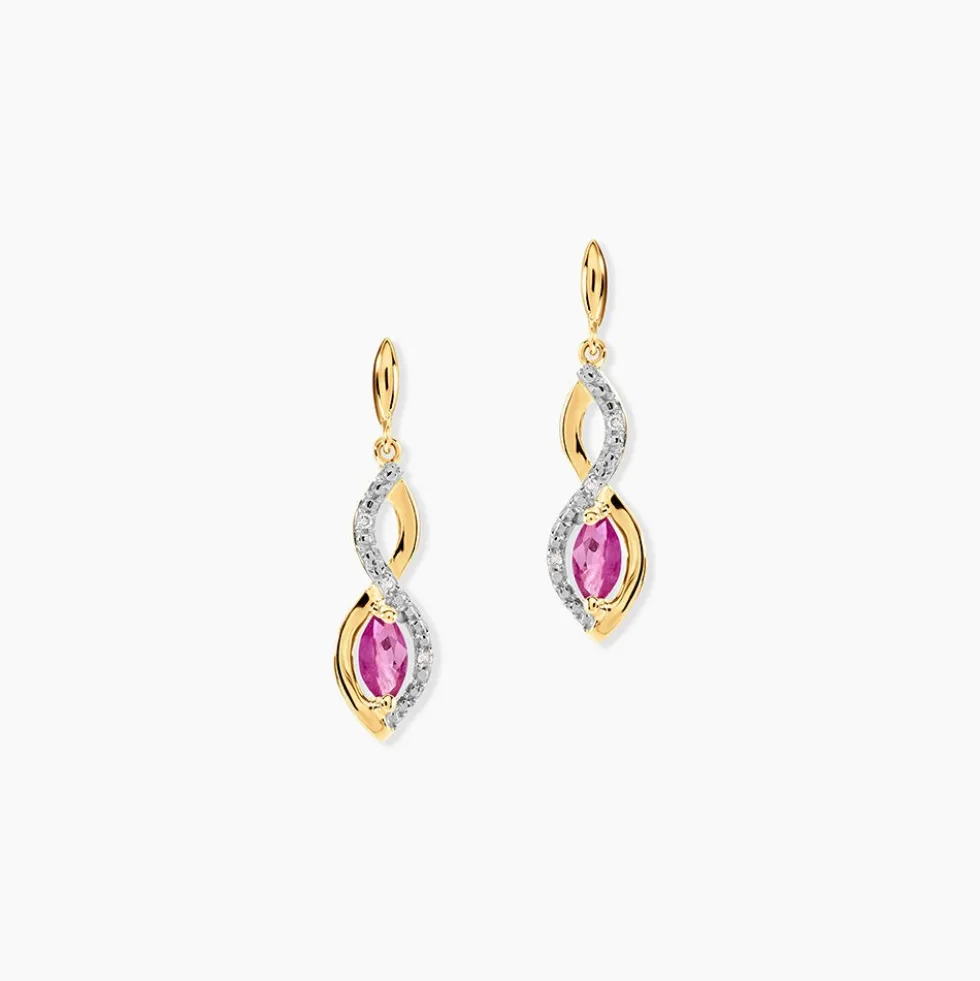 Boucles D'oreilles Pendantes Ondulations Or Bicolore Rubis Et Diamant