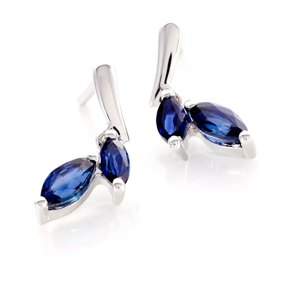 Boucles D'oreilles Pendantes Navette Or Blanc Saphir
