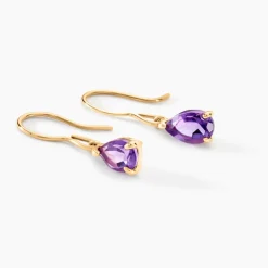 Boucles D'oreilles Pendantes Goutte Or Jaune Amethyste