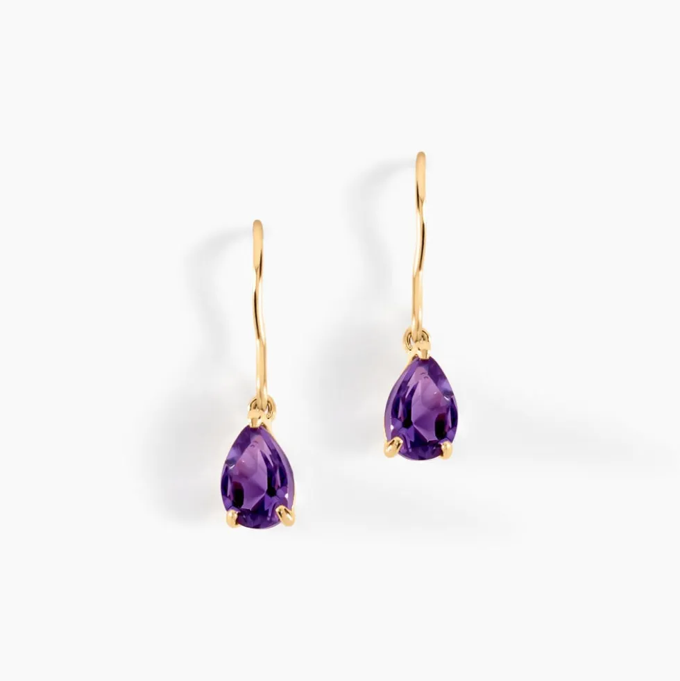 Boucles D'oreilles Pendantes Goutte Or Jaune Amethyste