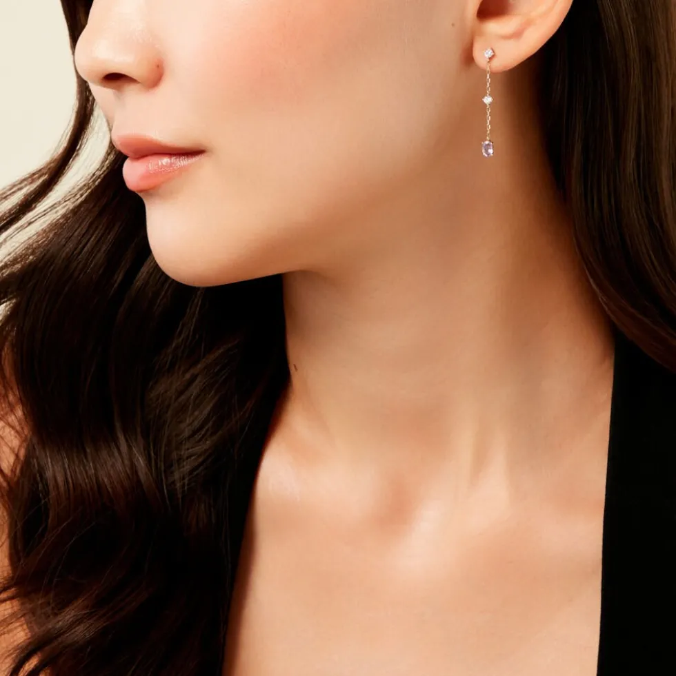 Boucles D'Oreilles Pendantes Thurayya Or Jaune Améthyste Oxyde De Zirconium