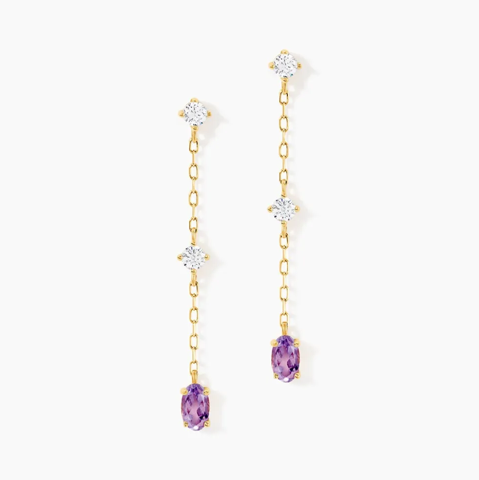 Boucles D'Oreilles Pendantes Thurayya Or Jaune Améthyste Oxyde De Zirconium