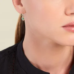 Boucles D'oreilles Pendantes Ondulations Or Jaune Emeraude Diamant