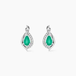 Boucles D'oreilles Puces Angelika Or Blanc Emeraude Et Diamant