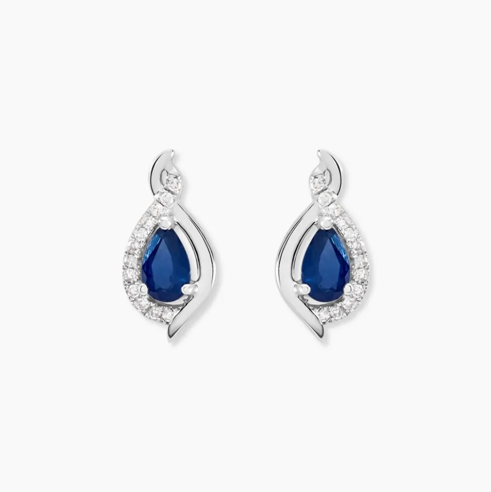 Boucles D'oreilles Puces Angelika Or Blanc Saphir Et Diamant